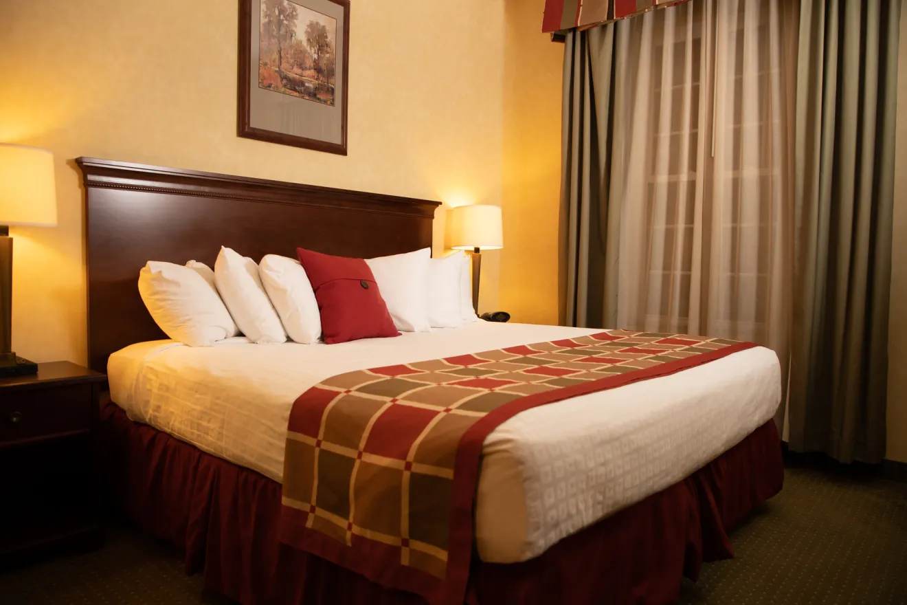 A hotel room interior showing a large bed with many pillows.