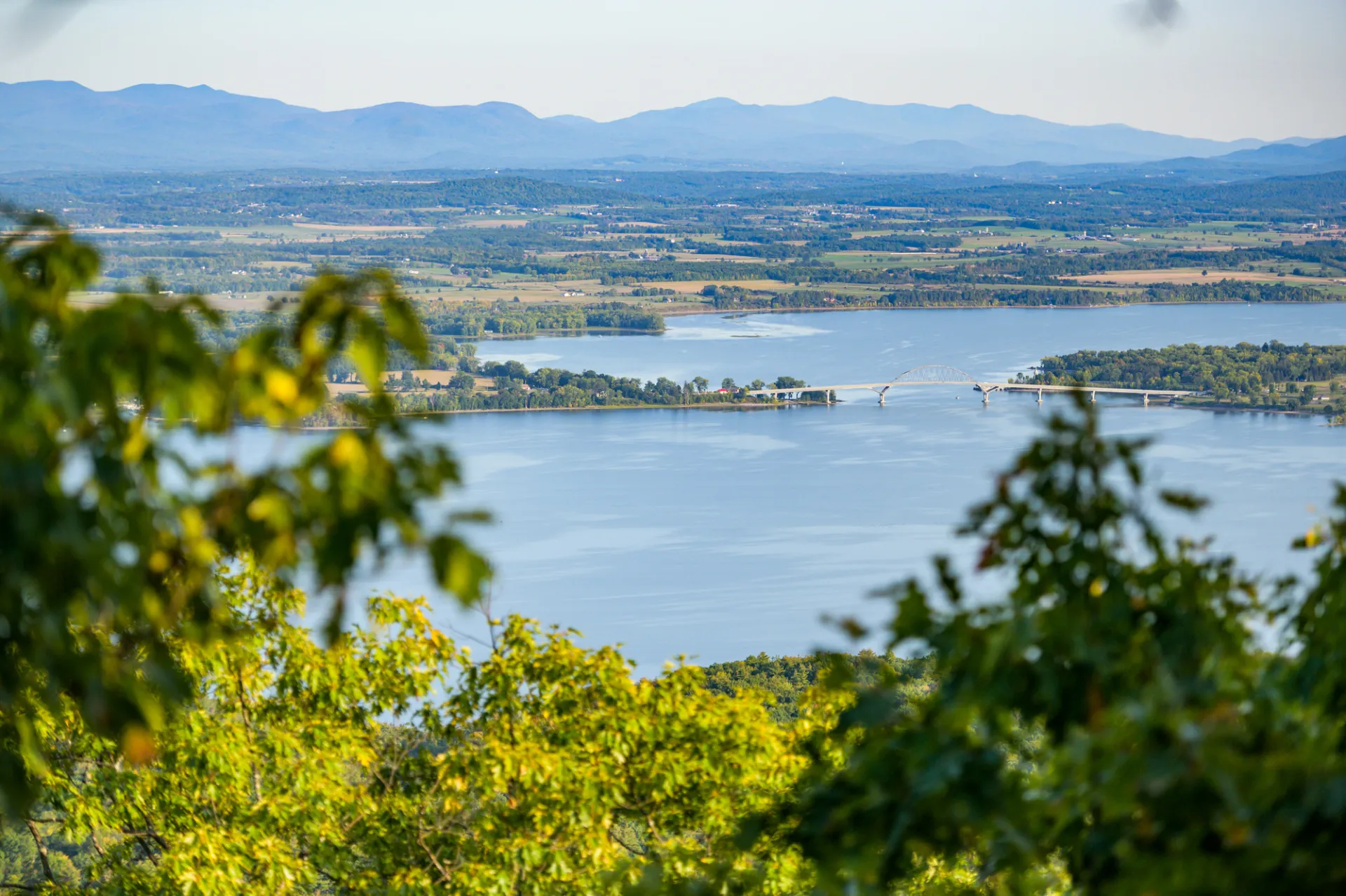 A look at a lake and sprawling countryside from the tree tops. 