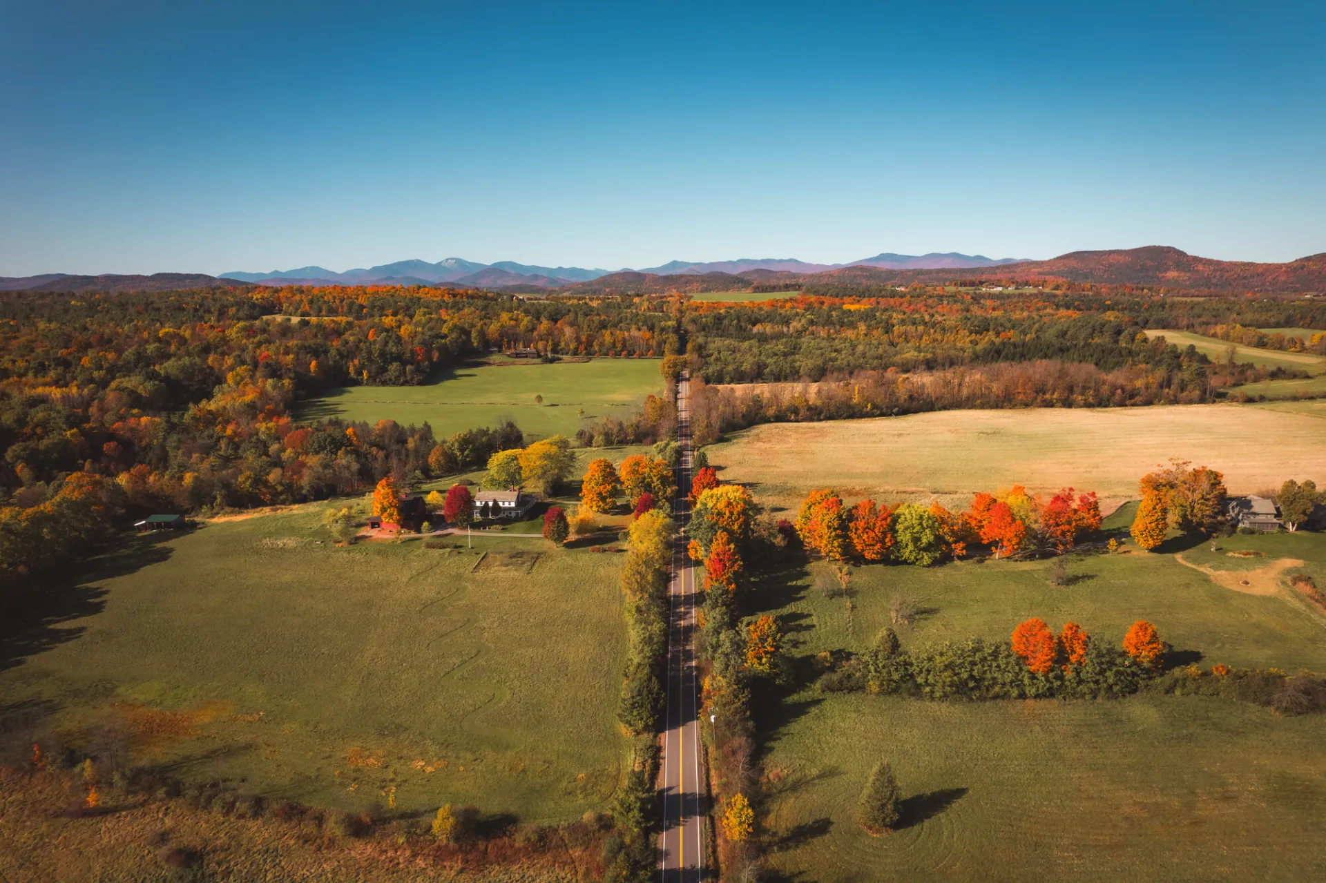 A collection of farmland in fall as seen from above.