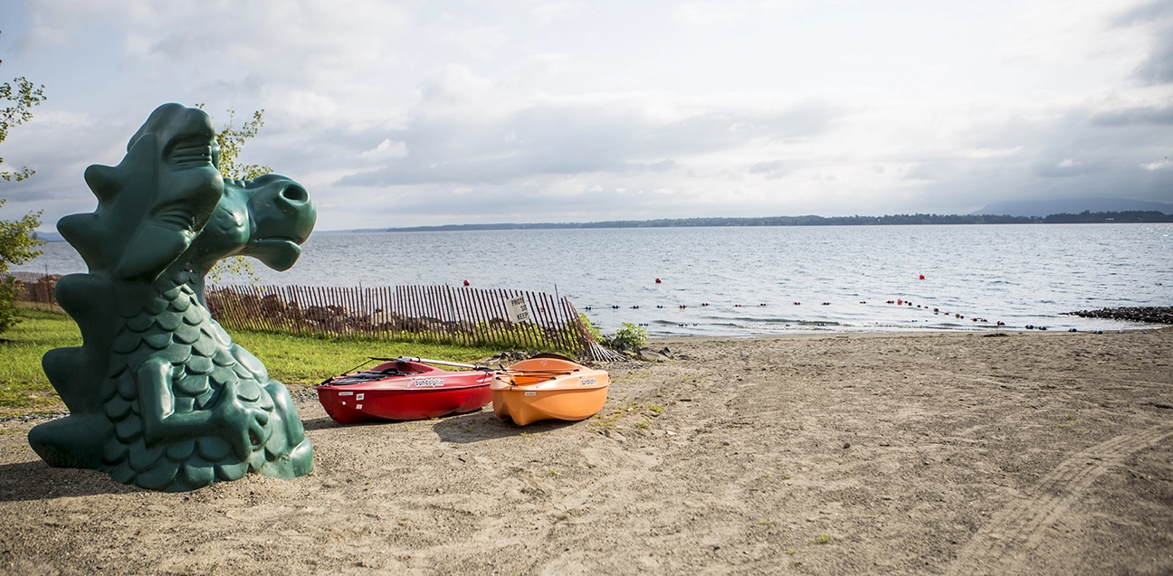 Two kayaks sit on the sandy shore of a lake.