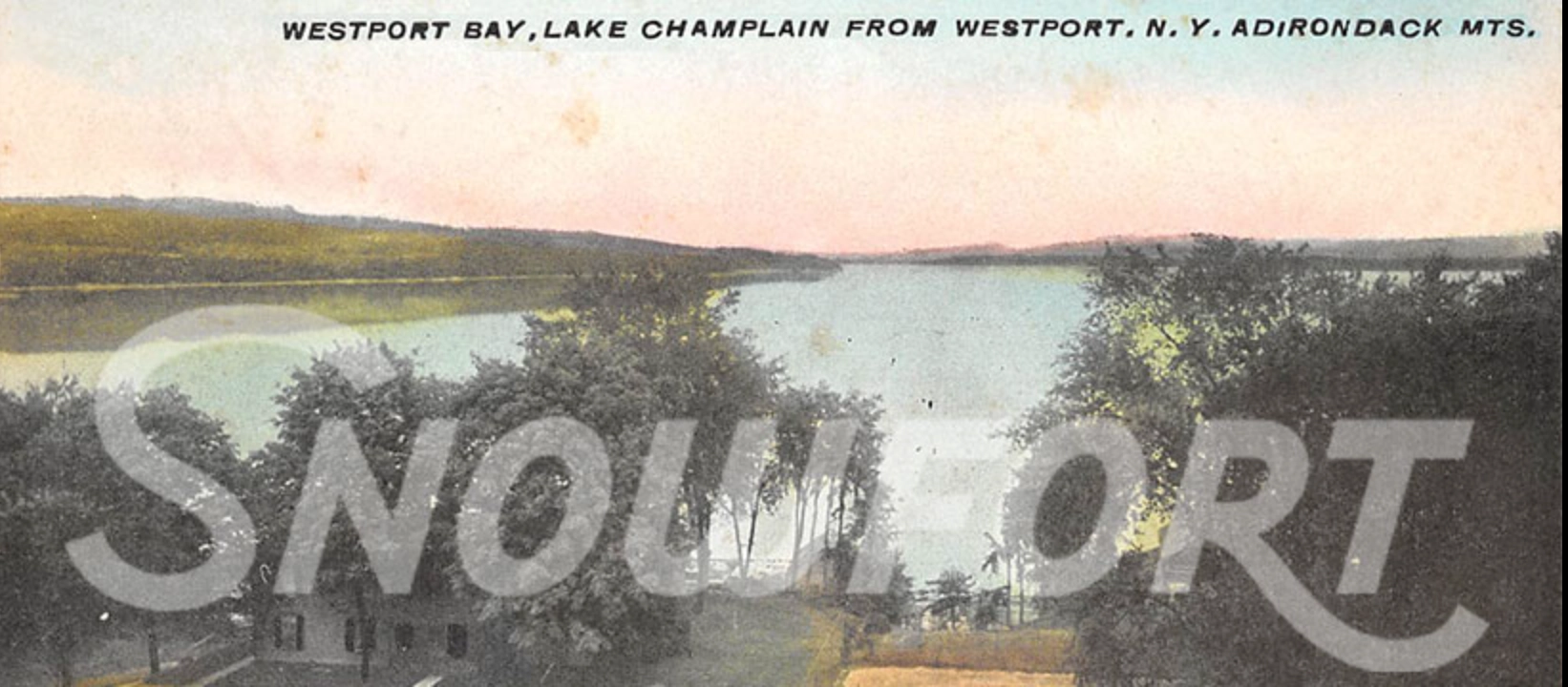 An antiqued image of a lake with Snowfort over top.