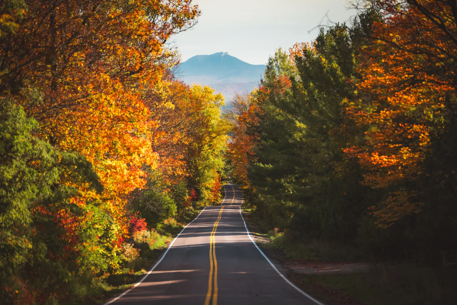 A scenic fall road in the Adirondacks.
