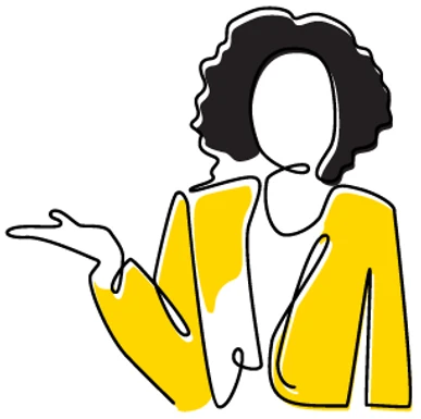 An illustration of a dark, curly haired woman in a yellow blazer.