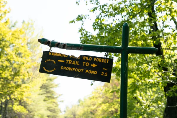 A wooden sign for Crowfoot Pond