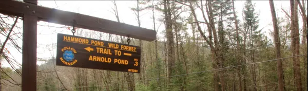 A yellow and brown sign for Arnold Pond