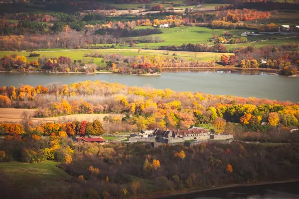 A fort on a peninsula in the fall. 