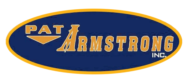 Pat Armstrong on a blue badge with gold trim and lettering.