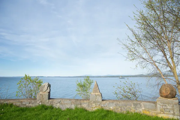 The view of a large lake from a park