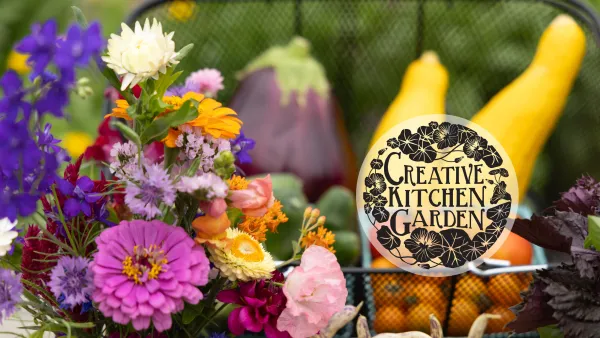 A basket of fresh veggies and a bouquet of flowers overlaid with Creative Kitchen Garden