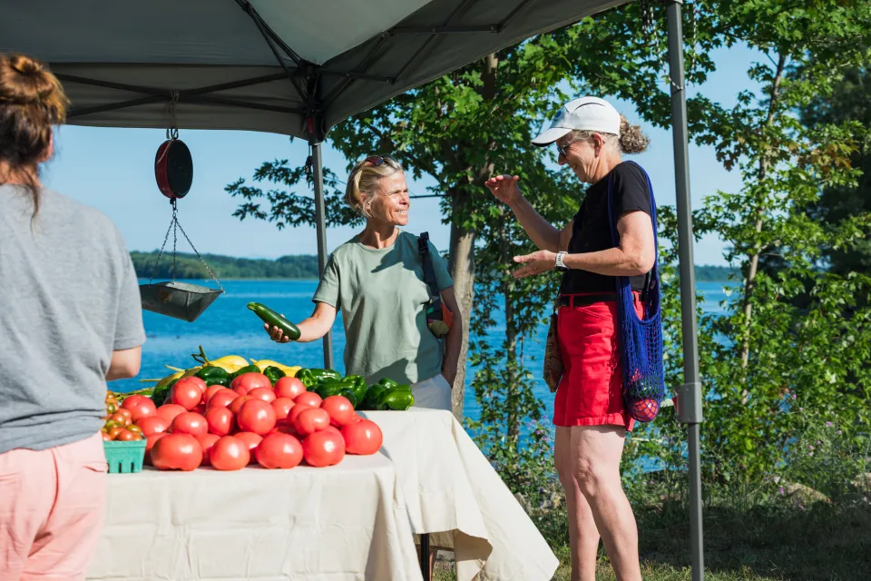 Two women look at produce at a farmers market.